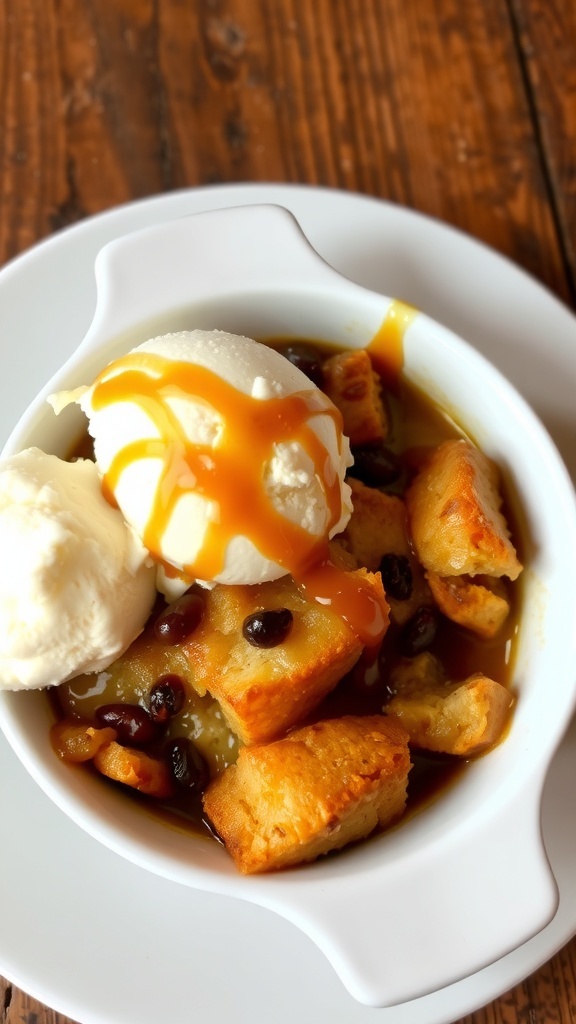 A warm bread pudding served with caramel sauce and vanilla ice cream on a rustic table.